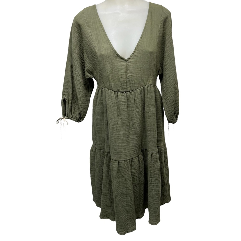 Saturday Sunday ANTHROPOLOGIE Dress XS V-Neck Moss Raglan 3/4 Sleeve Tie…
